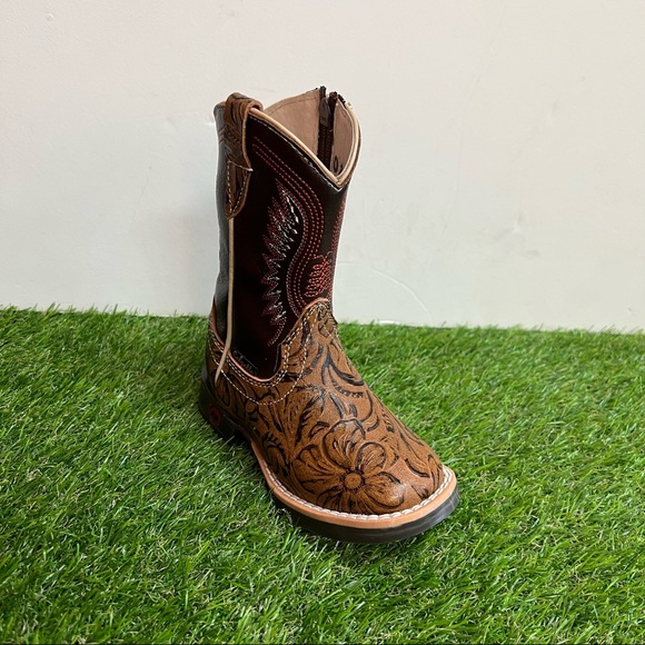 Kid's Western Rodeo Square Toe Genuine Leather Cowboy Boots Bota Niño cincelada - Picture 6 of 8